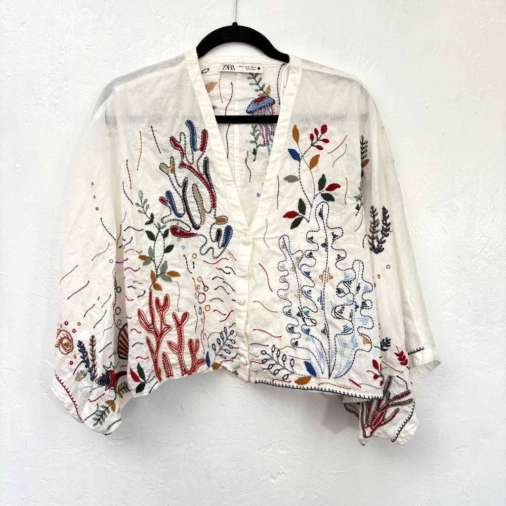 Zara Embroidered Top Women Size XL White Beach Coral Ocean Oversized